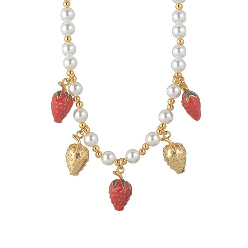 Joievievie Perlenkette mit Anhänger Kirsche rot gold Edelstahl Kette Perle Schmuck Quaste Damen Mädchen, Edelstahl Joievievie Perlenkette mit Anhänger Kirsche rot gold Edelstahl Kette Perle Schmuck Quaste Damen Mädchen, Edelstahl von Joievievie
