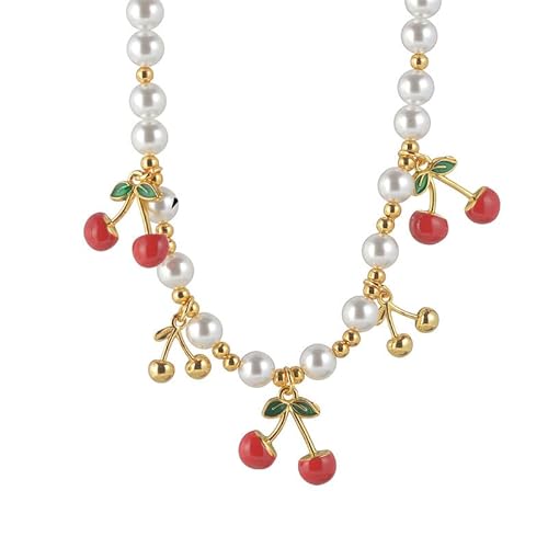 Joievievie Perlenkette mit Anhänger Kirsche rot gold Edelstahl Kette Perle Schmuck Quaste Damen Mädchen, Edelstahl von Joievievie
