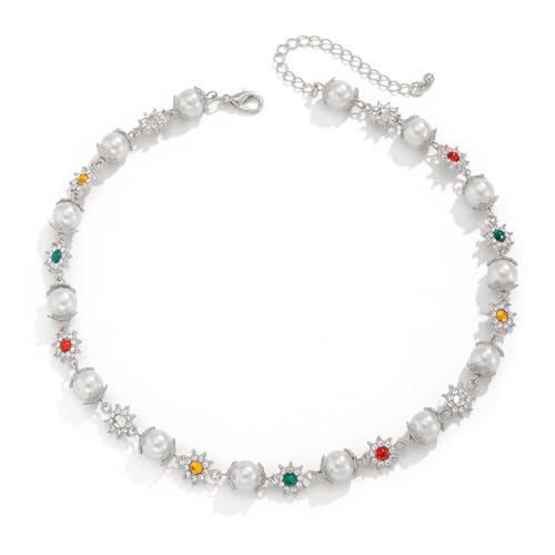 Halskette mit Gänseblümchen-Perlen, bunte Strasssteine, elegante Blume, funkelnd, Gold, Silber, Statement-Perlen-Halskette, Modeschmuck für Damen, 20in, Metall, Zirkonia von Joiigaem