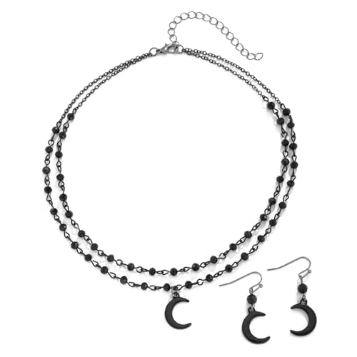 Joiigaem Gothic Black Moon Teardrop Halskette Ohrringe Set für Frauen Punk-Stil zierliche geschichtete Perlen Choker Kristall Kette Halbmond Ohrringe Schmuckset, 36+7cm, Legierter Stahl Kunstkristall von Joiigaem