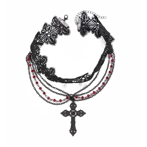 Joiigaem Gothic-Kreuz-Spitzen-Halskette, Zinklegierung, schwarzer Kreuz-Anhänger, mehrlagige Perlen, Choker-Halskette, Halloween-Gothic-Schmuck, Geschenk für Frauen, one size, Spitze Legierter Stahl von Joiigaem