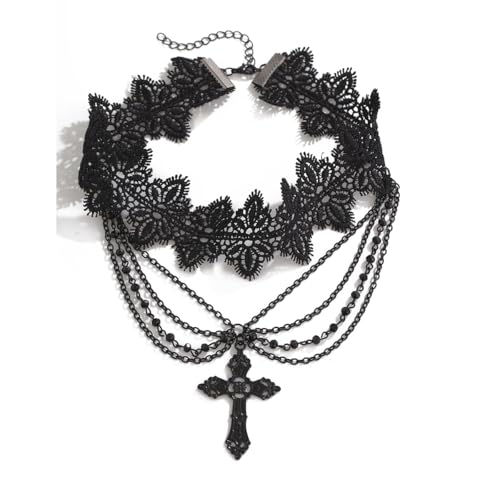 Joiigaem Gothic-Kreuz-Spitzen-Halskette, Zinklegierung, schwarzer Kreuz-Anhänger, mehrlagige Perlen, Choker-Halskette, Halloween-Gothic-Schmuck, Geschenk für Frauen, one size, Spitze Legierter Stahl von Joiigaem