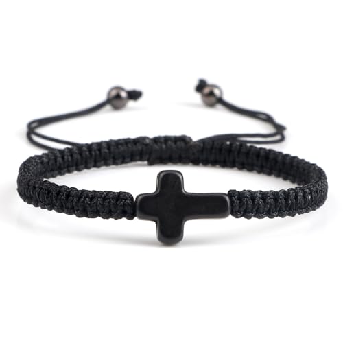 Joiigaem Handgefertigtes geflochtenes Kreuz-Armband für Männer und Frauen, verstellbares handgewebtes Seil, rot/schwarz, türkisfarbener Kreuzanhänger, religiöser christlicher Schmuck, One Size von Joiigaem