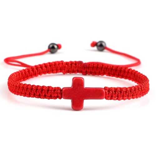 Joiigaem Handgefertigtes geflochtenes Kreuz-Armband für Männer und Frauen, verstellbares handgewebtes Seil, rot/schwarz, türkisfarbener Kreuzanhänger, religiöser christlicher Schmuck, One Size von Joiigaem