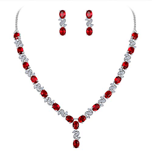 Clearine Damen Schmuckset Elegant Delicate Cubic Zirconia Unendlichkeit Y-Form Halskette und Dangle Ohrringe Set Rubin Rot für Party Hochzeit von Clearine