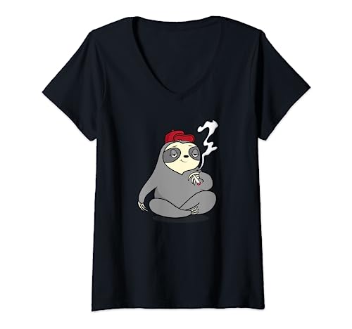 Damen lustige Kiffer Zubehör Marihuana Gras Weed Faultier Cannabis T-Shirt mit V-Ausschnitt Damen lustige Kiffer Zubehör Marihuana Gras Weed Faultier Cannabis T-Shirt mit V-Ausschnitt von Joint rauchendes Faultier Gras rauchen stoner