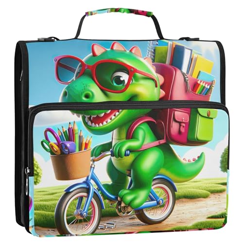 3,8 cm große Ordner, 3 Ringe, strapazierfähig, Fahrrad, grüner Dinosaurier-Druck, Reißverschluss, Organizer, Tasche mit Gurt für Schule, Spaß, mehrere Taschen, große Portfolio-Mappe von Joitme