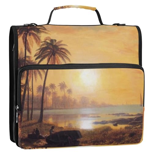3 Ringbinder, strapazierfähig, Bierstadt, Albert, tropische Landschaft, Boote, Bucht, Reißverschluss, Schulmappe mit Schultergurt, Geschäftsmappe und Etui, Ringordnerhalter, 3,8 cm von Joitme