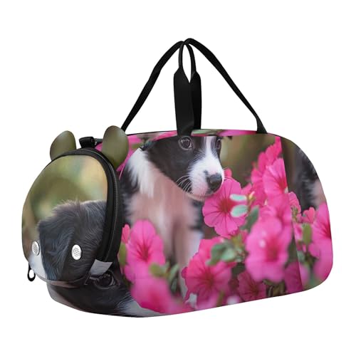 Jungen Reisetasche Weekender Overnight Lustiger Pitbull Laugh Print Seesack für Reisen Tragetasche Kindergepäck Sporttasche, Niedliche Border Collie Welpen-Blumen, Classic von Joitme