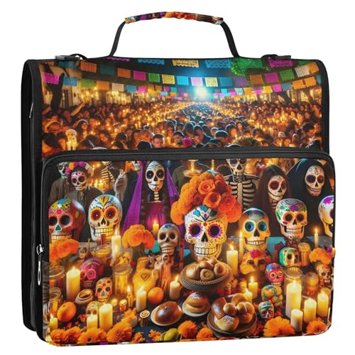 Mexikanischer Dia De Muertos Druck-Ordner mit Reißverschluss, 3,8 cm, 3 Ringe, robuste Schulmappe mit Schultergurt, mehrere Taschen, große Portfolio-Mappe von Joitme