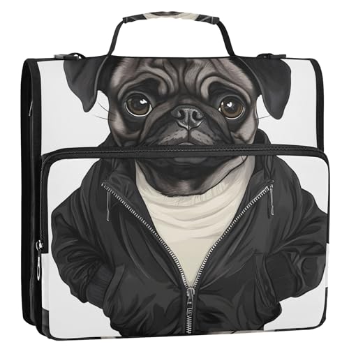 Ordner mit lustigem Mops-Aufdruck, 3,8 cm, 3 Ringordner, Reißverschluss, Organizer, Mittelschule, Tasche mit Gurt, Portfolio, für 500 Blatt von Joitme