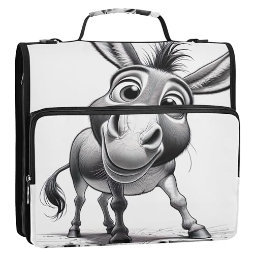 Ringbuch mit 3 Ringen, 3,8 cm, D-Ring, lustiger Esel-Druck, niedlicher Reißverschluss, Organizer mit Riemen, mittlere Schultasche, niedliche Multi-Taschen, große Portfolio-Mappe von Joitme