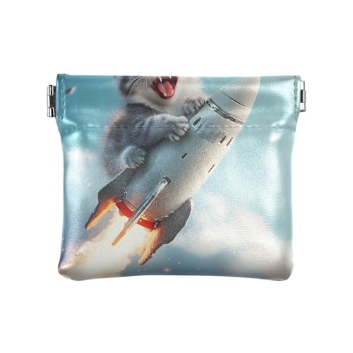 Scared Cat Rocket Blue Kleine Münzbörse Damen Kleine Geldbörsen Kleingeld Geldbörse Geldbörse für Frauen, Scared Cat Rocket Blue, 4.33x3.74In, Scared Cat Rocket Blue von Joitme