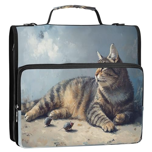 Schulmappe mit 3 Ringen und sicherem Reißverschluss, Vintage-Stil, getigerte Katze, Braun von Joitme