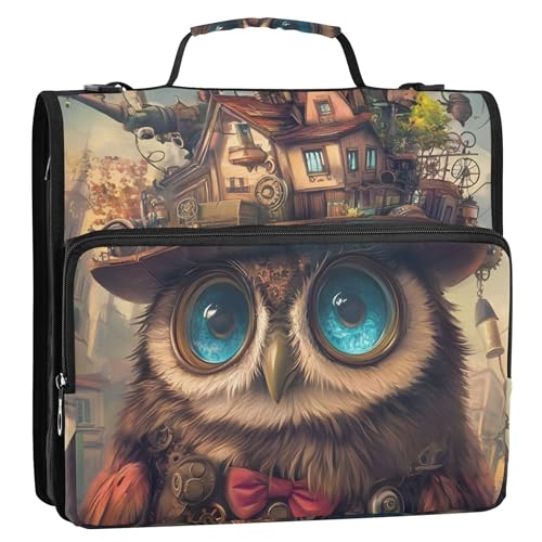 Skurrile Eulenmalerei, 3,8 cm, 3-Ring-Ordner, D-Ring, Reißverschluss, Ordner-Organizer, Schulmappe mit Schultergurt, Portfolio und Etui, Ringordnerhalter von Joitme