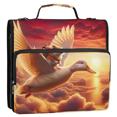 Sunset Soar Hamster Duck Glow 3,8 cm Ordner mit 3 Ringen, robuster Reißverschluss, Organizer mit Schultergurt, für Schule, mehrere Taschen, große Portfolio-Mappe von Joitme