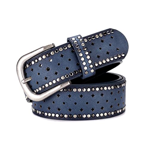 Jojomino Damen Gürtel Dornschließe Vintage Hohlnieten Ledergürtel 3,8cm Breite für Damenbekleidung Accessoires, Blau, 110cm von Jojomino