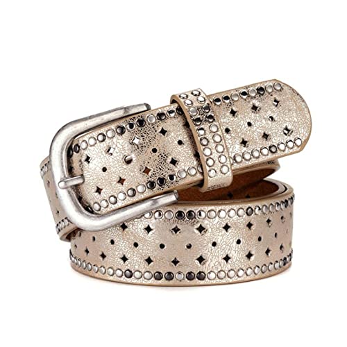 Jojomino Damen Gürtel Dornschließe Vintage Hohlnieten Ledergürtel 3,8cm Breite für Damenbekleidung Accessoires, Gold, 100cm von Jojomino