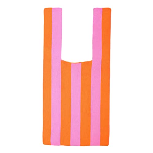 Jojomis Damen Gewebte Handtasche Sommer Tasche Streifenmuster Stricken Tote Handgemachte Damen Geldbörse Offene Handtasche Stricken Totes Rosa Orange 23x46cm von Jojomis