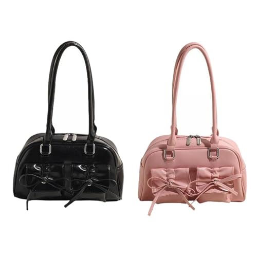 jojomis Schicke Kunstleder Damen Tote Bag mit Schleife Akzent für tägliche Besorgungen, schwarz und 2er Set von Jojomis