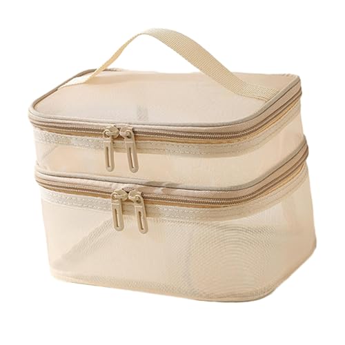 jojomis Tragbarer Make-up-Organizer, doppellagig, Kulturbeutel mit Griff, Nylon-Netz, Reise-Kosmetiktasche, 21 x 13 x 15 cm, Gold, 1 Stück von Jojomis