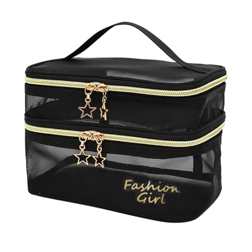 jojomis Tragbarer Make-up-Organizer, doppellagig, Kulturbeutel mit Griff, Nylon-Netz, Reise-Kosmetiktasche, 21 x 13 x 15 cm, Schwarz mit Worten, 1 Stück von Jojomis