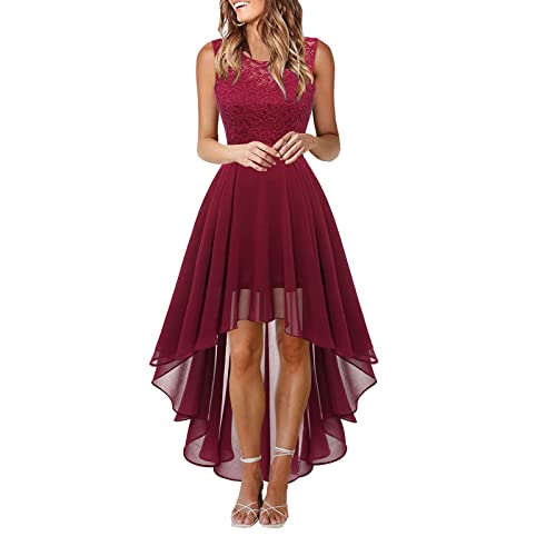 Damen-Spitzenkleid, Schleife, Gürtel, elegantes, unregelmäßiges Kleid, ärmelloses Chiffonkleid, Brautjungfern-Cocktailpartykleid Damen Sommerkleider Knielang Mit Kleid Vorne Kurz Hinten Blumen von JokeLomple