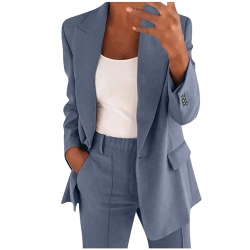 Hosenanzug Damen Festlich Elegant Einfarbig/Kariert Blazer Zweiteiler Set Revers Langarm 2pc Anzug Outfit Schlank Anzugjacke und Hose mit Elastischer Taille Bequem Business Jacke Partykleidung 1 von JokeLomple