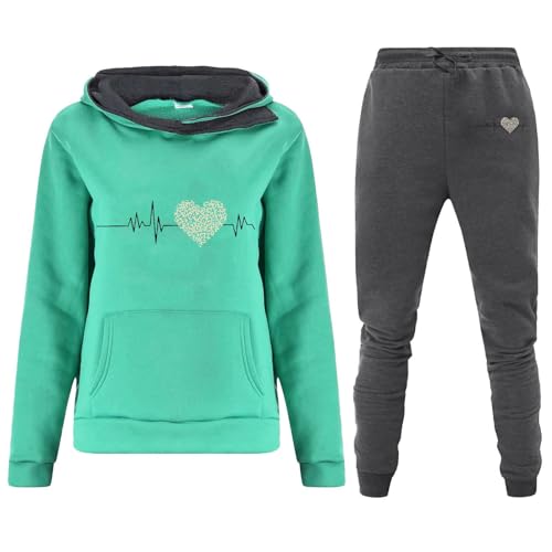 Jogginganzug Damen - Jogger Trainingsanzug Set Heartbeat Print Hoodie Jogginghose Hausanzug Damen Baumwolle Kuschelig Stricken Pulli Weites Bein Hose Gym Freizeitanzug Sport Damen Elegant Oversize von JokeLomple