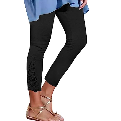 JokeLomple Capri Leggings mit Spitze Damen - 3/4 High Waist Capri Leggins Kurze Sporthose Ausgehöhlten Freizeithose blickdichte Leggins mit Spitze Spitze Sporthose Leggins für Frau Bequeme von JokeLomple