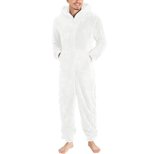 JokeLomple Herren Paar Jumpsuit Kuschelig Lustig Lang Pyjama Reißverschluss Teddy Fleece Einteiler Onesie Schlafanzug Winter Warm Plüsch Overall Schlafoverall Herren Kuschelig Lustig Lang Pyjama von JokeLomple