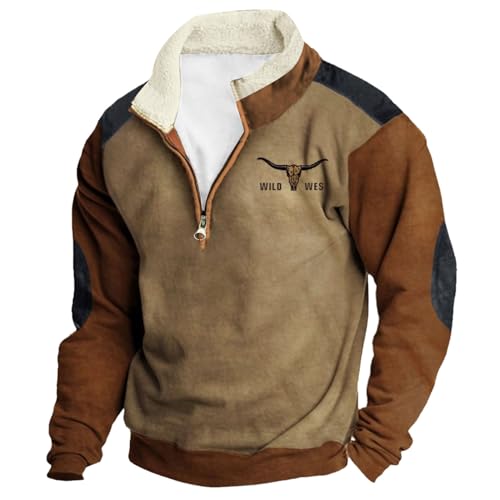 Herren Western Fleecejacke Cowboy Bull Head Print Pullover 1/4 Reißverschluss Stehkragen Langarm Country Sweatshirts von JokeLomple