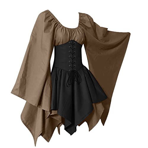JokeLomple Mittelalter Kleid Mädchen - Damen Robe zum Schnüren Halloween Karneval Kostüm Gothic Mittelalter Kleidung Damen Gothic Hexen Kleid Sommerkleid Große Größen für Halloween Karneval Kostüm von JokeLomple