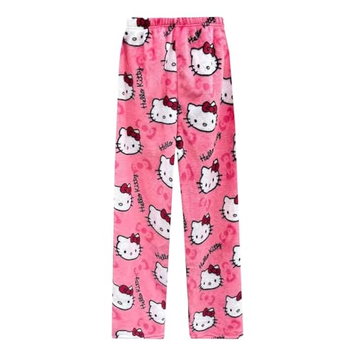 JokeLomple Schlafanzug Damen Hosen Lang Flanell Hello Kitty Pyjama Hose Damen Schlafhose Weich Kawaii Pyjamas Anime Bequeme Winter Schlafanzughose von JokeLomple