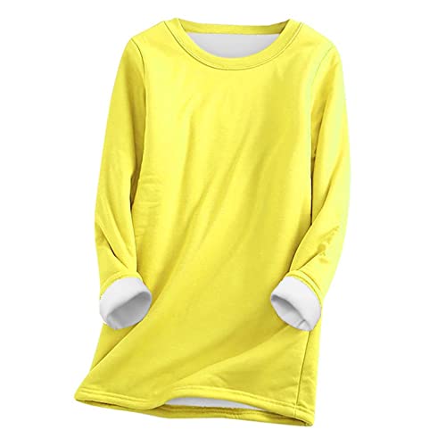 JokeLomple Unterwäsche Sweatshirts Frauen Thick warm Top samt O-Ausschnitt Fleece-Winter-Damenbluse Langarmshirt Damen Gelb von JokeLomple