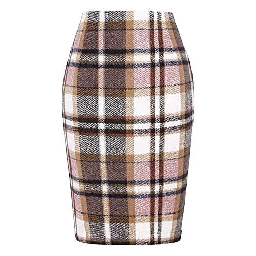 Pencil Plaid Röcke für Frauen Herbst Winter hoch taillierter, Figurbetonter, knielanger Woll-Midirock mit Schlitz Gelb Senf Grauen Damen von JokeLomple