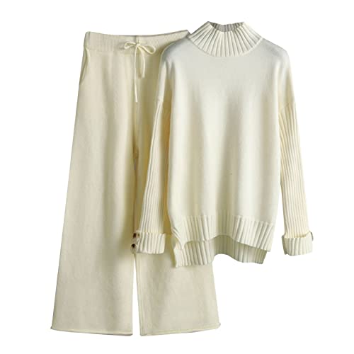 Sweatshirt Und Jogginghose - Zweiteiler Outfit Hoodie Damen 2 Teiliges Strickanzug Hausanzug Damen Baumwolle Kuschelig Einfarbig Langarm Top&Lang Hosen Locker Hosenanzug Sport Damen Elegant Oversize von JokeLomple