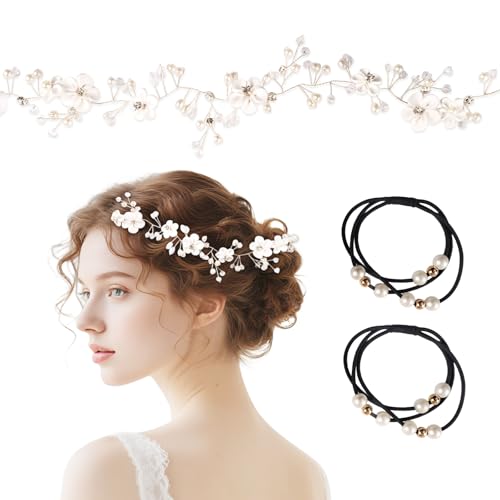 2 Stück Blumenhaarschmuck für Bräute Set, Blumen Perlen Braut Haarschmuck, lume Braut Hochzeit Haar Rebe Perle, Brautschmuck Haarband, für Damen und Mädchen (Silber, Einheitsgröße) von Jokureao