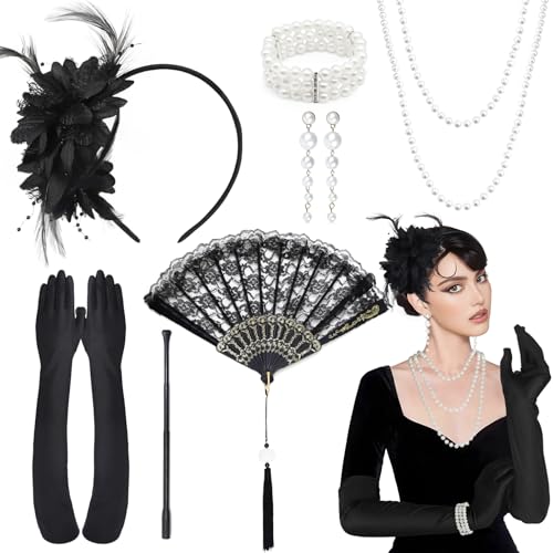9Stück Great Gatsby Accessoires Set, Great Gatsby Party Kostüme Damen mit Kopfschmuck, Lange Handschuhe, Künstliche Perlenkette, Lüfter, 20's Theme Set für Karneval Halloween von Jokureao