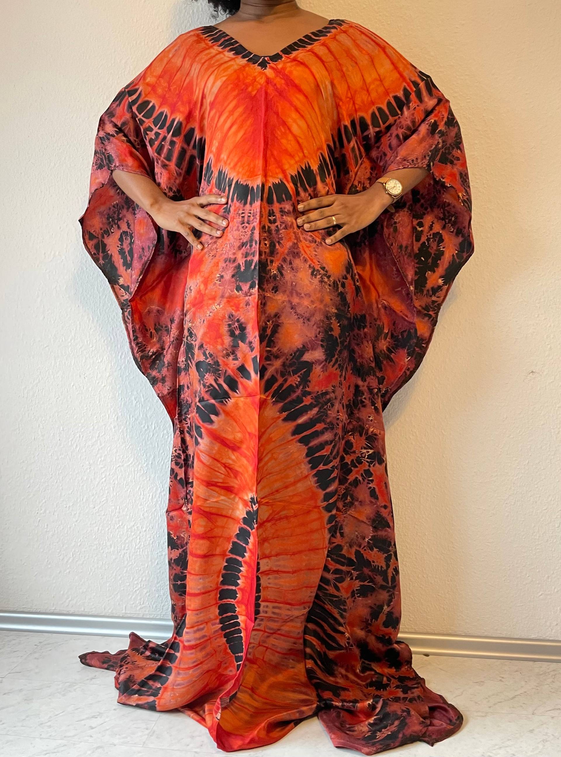 Burnt Orange & Black Silk Maxi Kleid/Schönes Kaftan Umstandskleid Sommerkleid Urlaubsoutfit Krawatte Und Färbung Strandoutfit von JolaWears