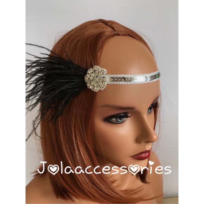 1920Er Jahre Haarreif Silber Schwarz Flapper Fascinator Art Deco Hochzeit Gatsby Kopfschmuck Schwarze Feder von Jolaaccessories