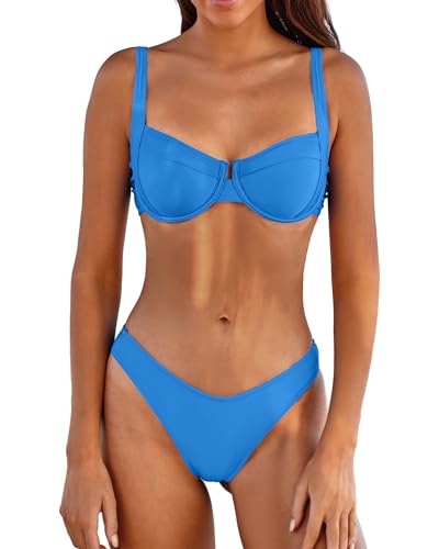 Hoch geschnittene Bikini-Sets für Damen, Bügel, Push-Up-Top, Badeanzüge, zweiteilig, dreieckig, Badeanzug, freche Tangahose, Blau High Cut Badeanzüge, XL von Jolefille