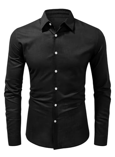 Jolicloth Leinenhemd Herren Langarm Regular Fit Business Leinen + Baumwolle Stehkragenhemd Schwarz XL von Jolicloth