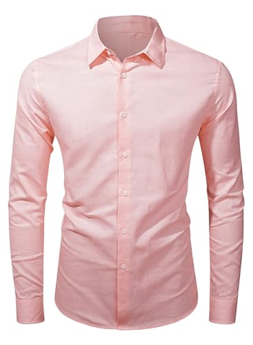 Jolicloth Hemd Herren Klassisches Herren Langarm Freizeithemd Regular Fit Business Leinenhemd Baumwolle Stehkragenhemd Rosa XL von Jolicloth