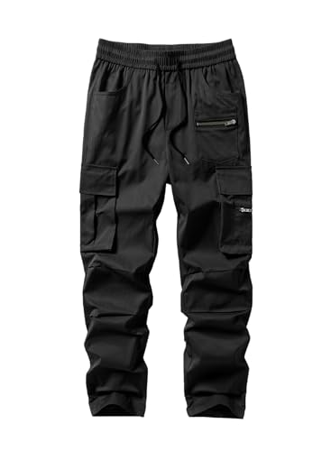 Jolicloth Herren Cargohose Outdoorhose Lange Baggy Hose Casual Freizeithose Pants mit Drawstring Regular Fit Schwarz L von Jolicloth