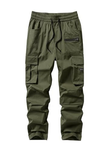 Jolicloth Herren Cargohose Outdoorhose Lange Baggy Hose Jogginghose Freizeithose Männer Pants Elastische Taille mit Kordelzug Dunkel Grün XL von Jolicloth