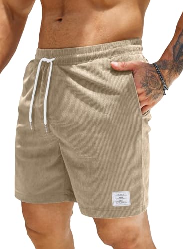 Jolicloth Kurze Hosen Herren Shorts Herren Sommer mit Taschen Cargo Shorts Corduroy Elastischer Bund Jogginghose Herren Kurz Outdoor Casual Sporthose Beige S von Jolicloth