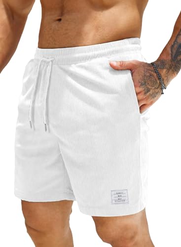 Jolicloth Kurze Hosen Herren Shorts Herren Sommer mit Taschen Cargo Shorts Corduroy Elastischer Bund Jogginghose Herren Kurz Outdoor Casual Sporthose Weiß S von Jolicloth