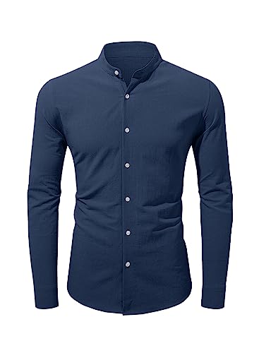 Jolicloth Leinenhemd Herren Langarm Hemd Henley Freizeithemd Stehkragen T-Shirt Langarm Hemdshirt Regular Fit Shirt Blau 2XL von Jolicloth