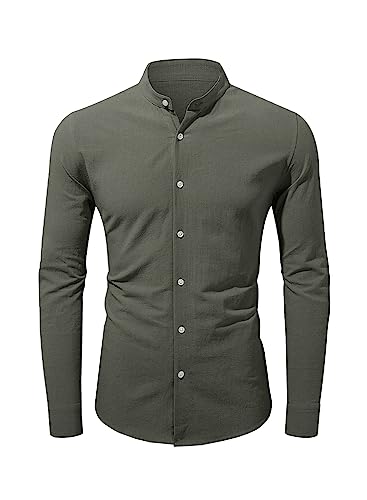 Jolicloth Leinenhemd Herren Langarm Hemd Henley Freizeithemd Stehkragen T-Shirt Langarm Hemdshirt Regular Fit Shirt Grün 2XL von Jolicloth